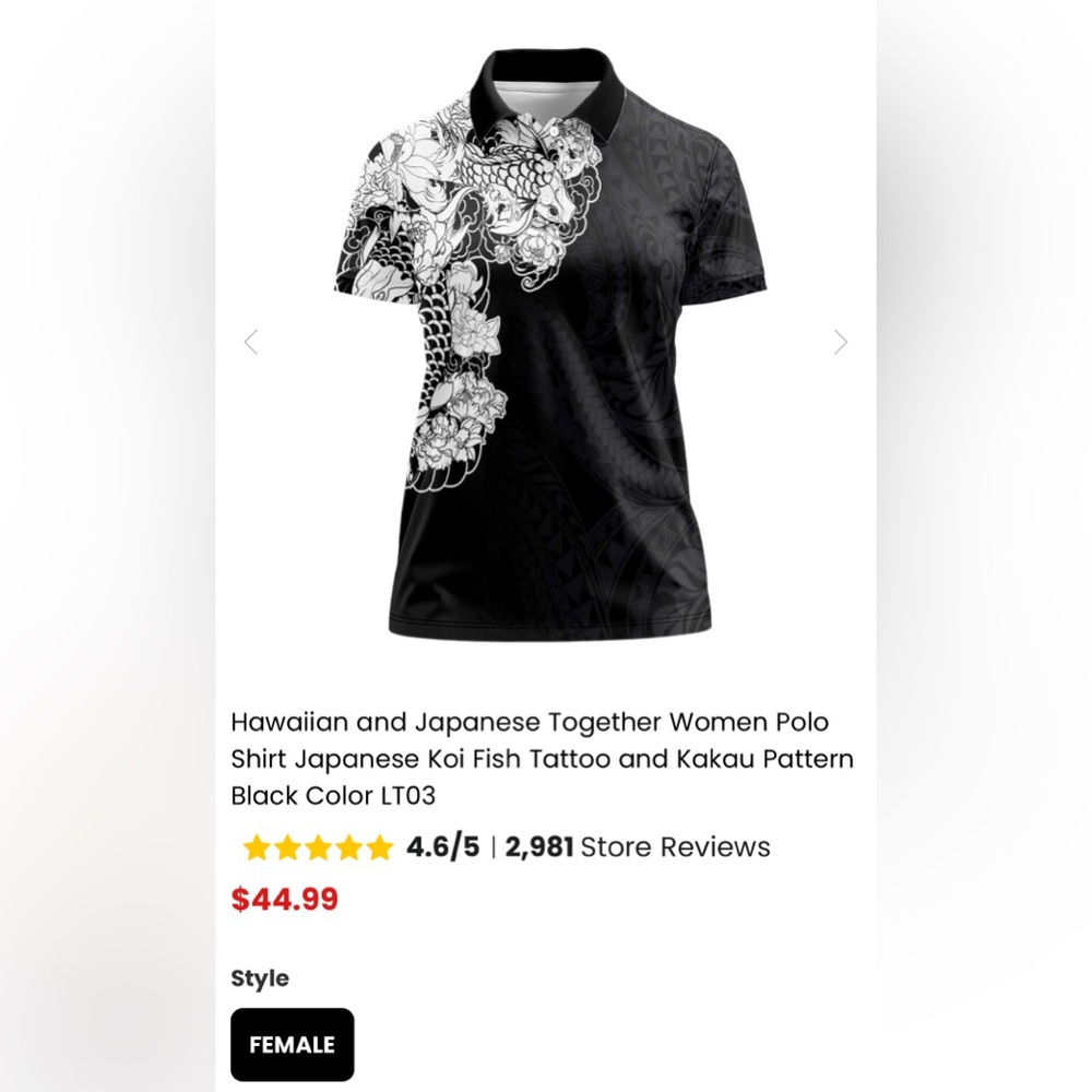 Black Women's Polo Shirt with Japanese Koi Design